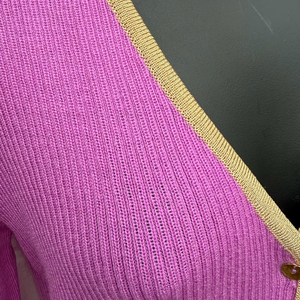 VTG Chantal Gaudreau Pink & Gold 100% Italian Virgin Wool Cardigan, SZ L VGUC - Picture 6 of 11